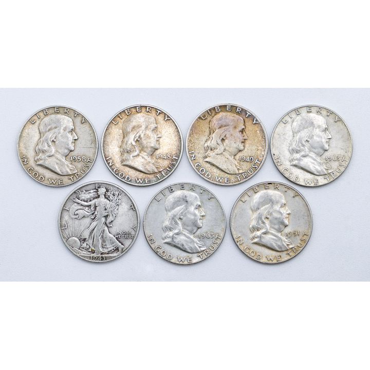 Box 7pc US Assorted Silver Half Dollars - Walking Liberty