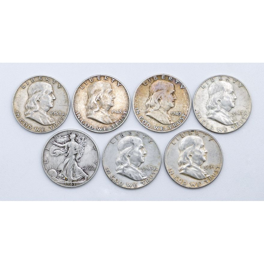 Box 7pc US Assorted Silver Half Dollars - Walking Liberty