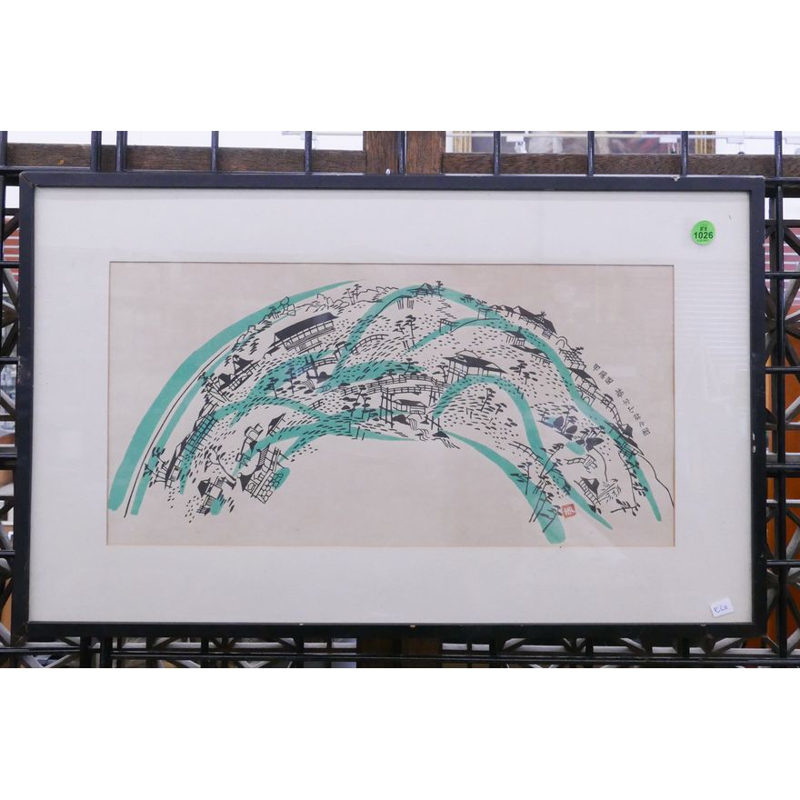 Old Chinese Woodblock Fan Print Framed- 14x23''