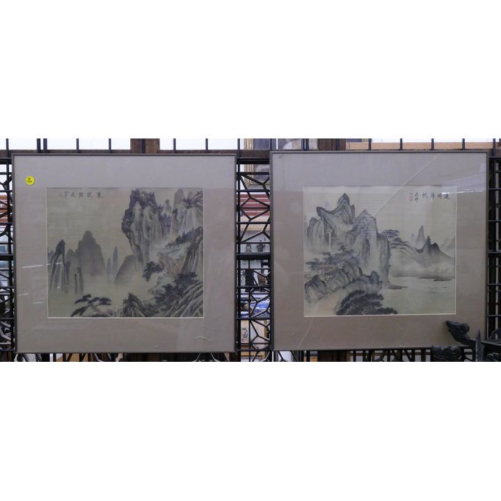 Pair Chinese Landscape Paintings on Silk Framed- 18x20''