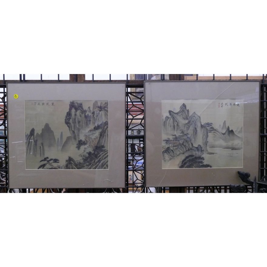 Pair Chinese Landscape Paintings on Silk Framed- 18x20''