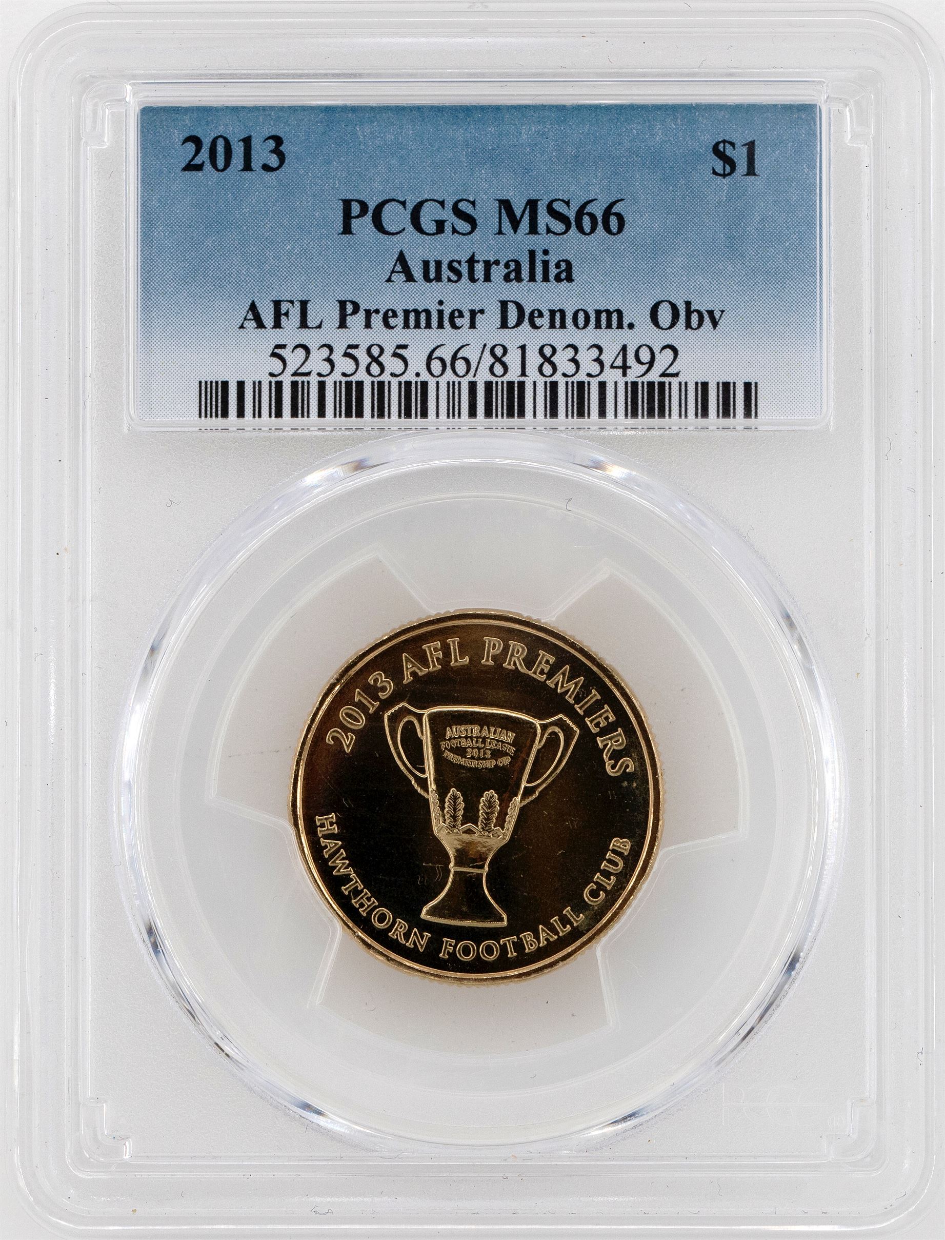 2013 Australia One Dollar, $1 AFL Premier Denom. Obv PCGS - MS66 -492