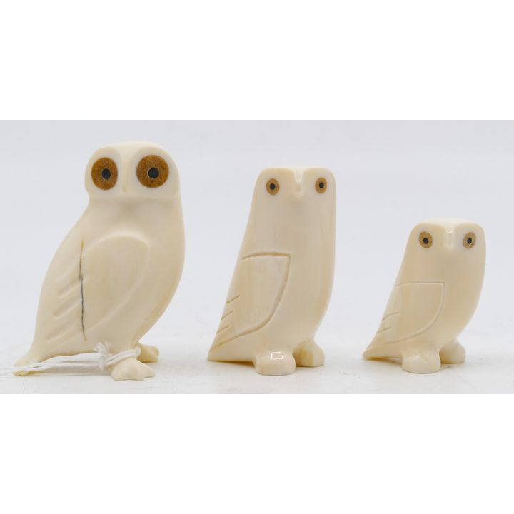 3pc Inuit Carved Owls. Signed J.T. & Silook. Largest 3''