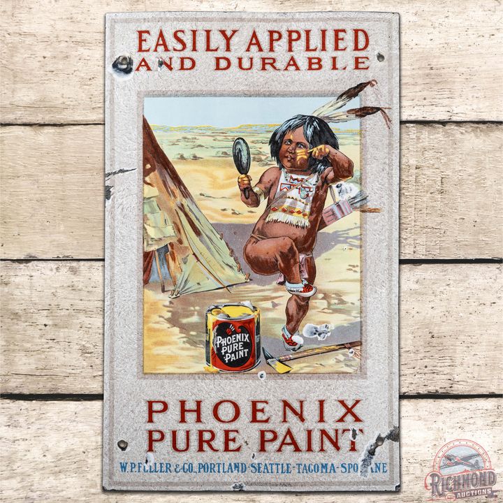 Scarce Phoenix Pure Paint SS Porcelain Sign w/ Native American Graphic