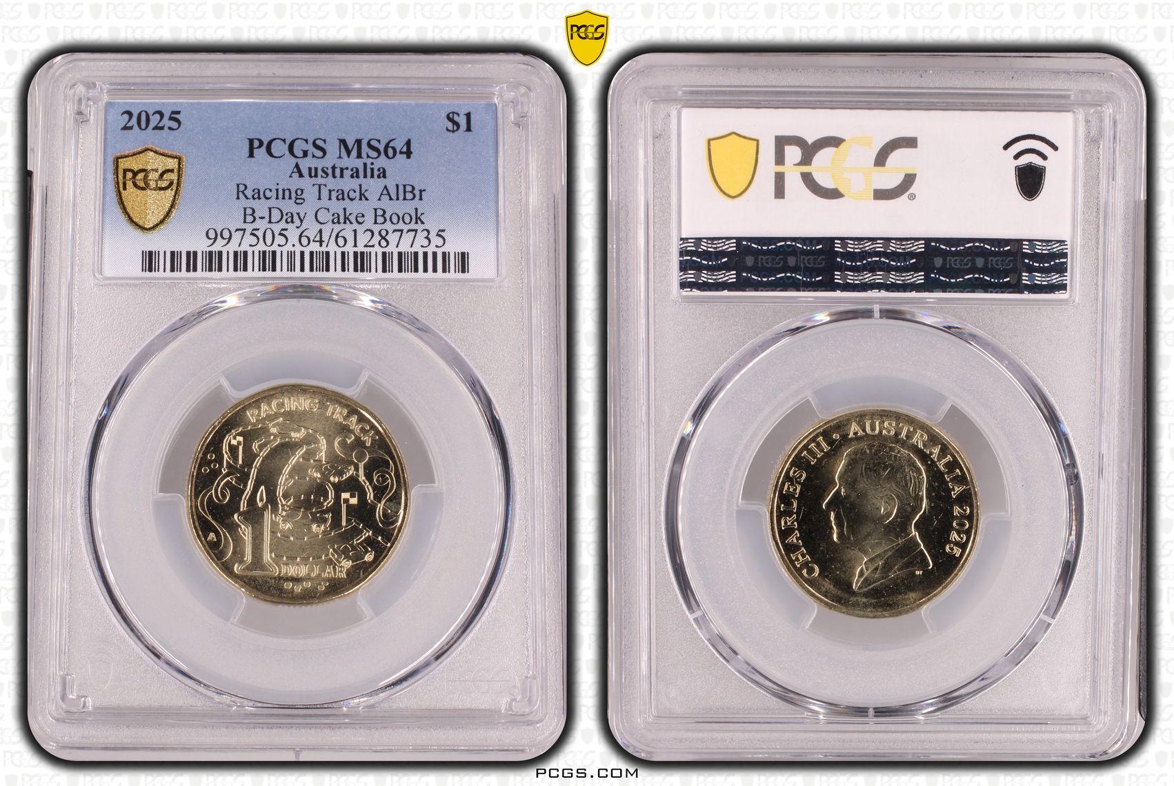 414 · Racing Track AlBr B-Day Cake Book, One Dollar, 2025, PCGS MS64
