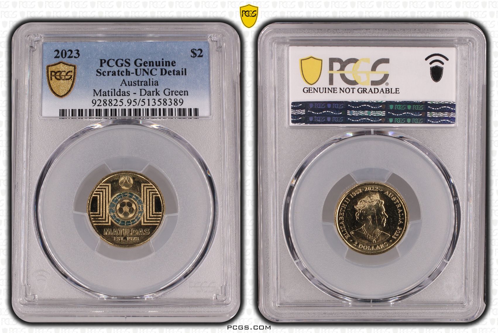 Matildas - Dark Green Colorized, Two Dollar, 2023, PCGS Genuine - UNC Details (95 - Scratch)