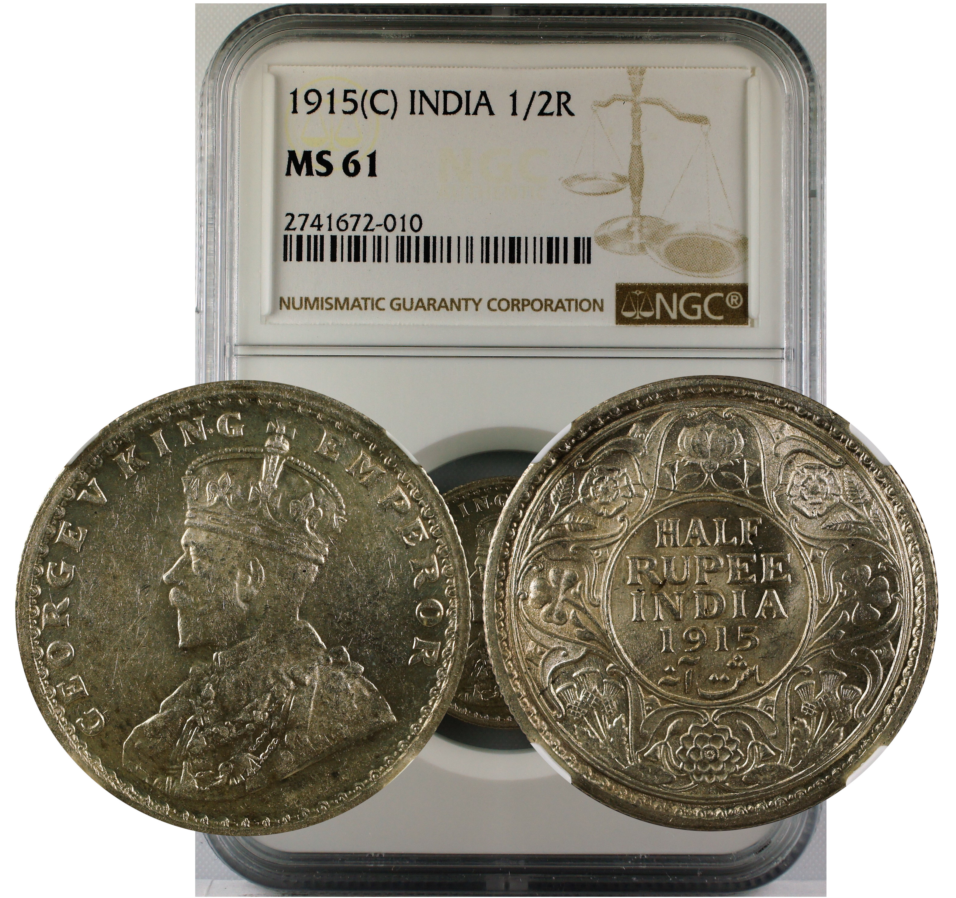 1915 C INDIA 1/2 RUPEE MS61