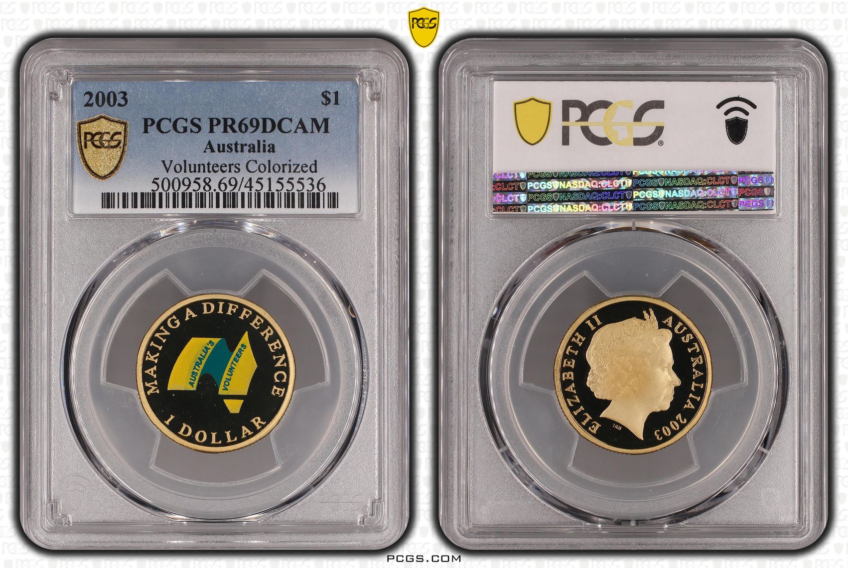 2003 Australia One Dollar, $1 Proof Volunteers Colorized PCGS - PR69DCAM -536