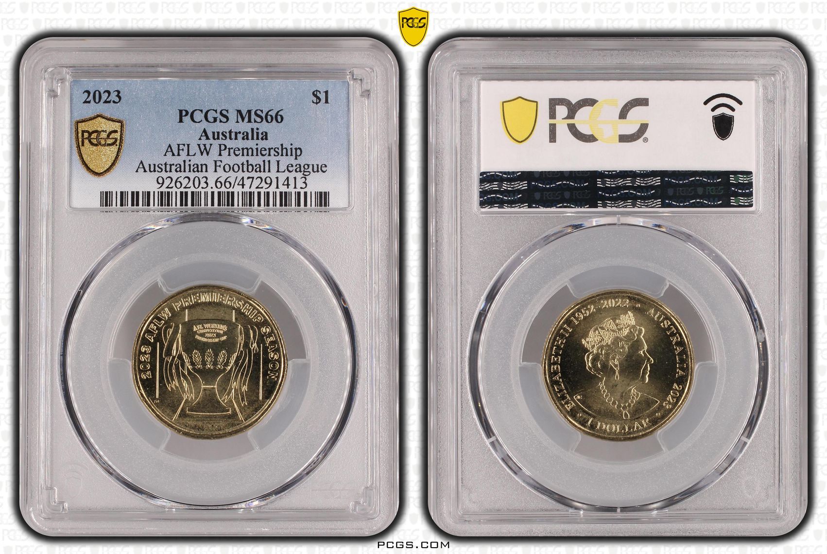 Elizabeth II, AFL- AFLW Premiership POP 3/0, One Dollar, 2023, PCGS MS66