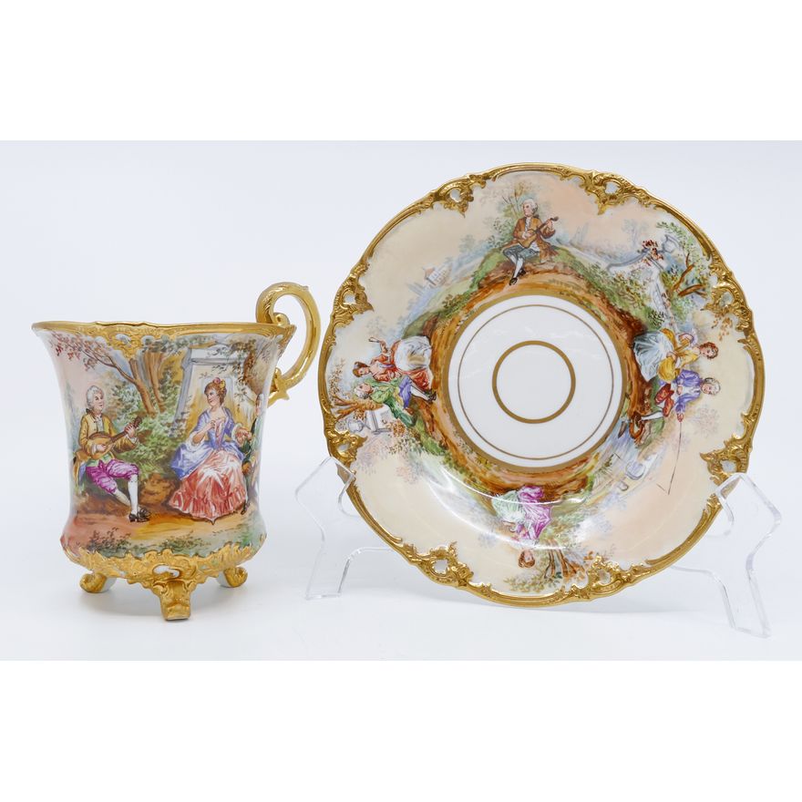 Meissen Courting Scene Pictorial Large Footed Cup & Saucer