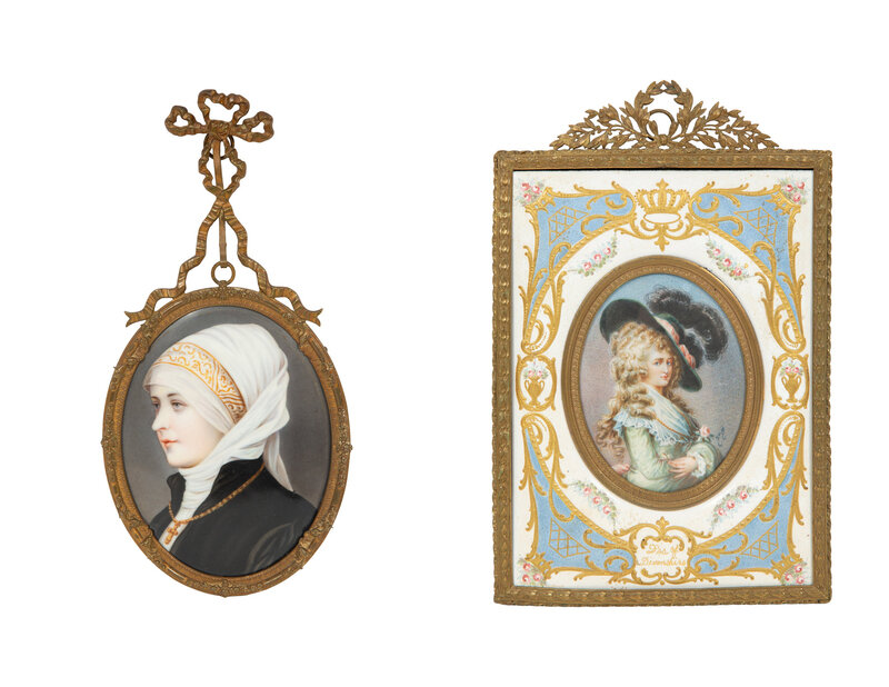 Two Continental Painted Porcelain Plaques in Gilt Metal Frames
