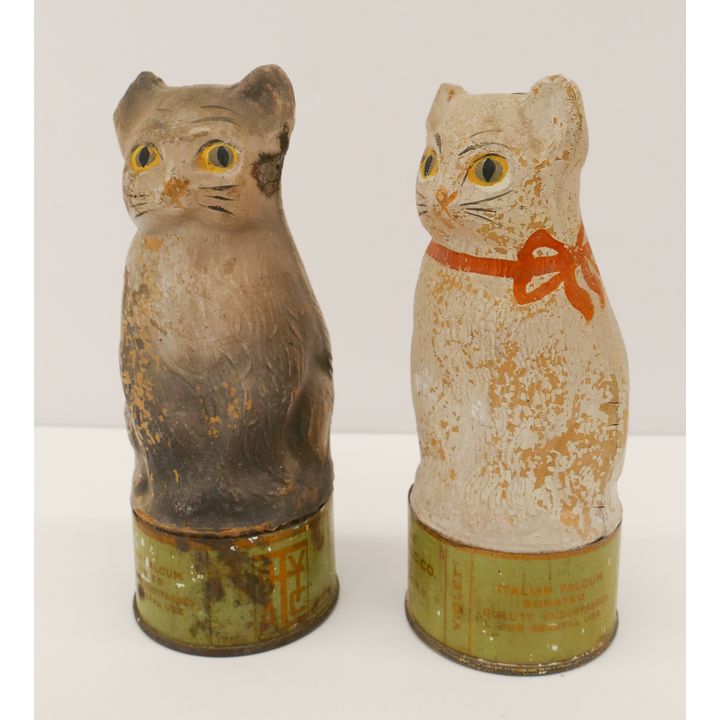 2pc Antique Toy Talc Co Figural Cat Tins- 5.5''
