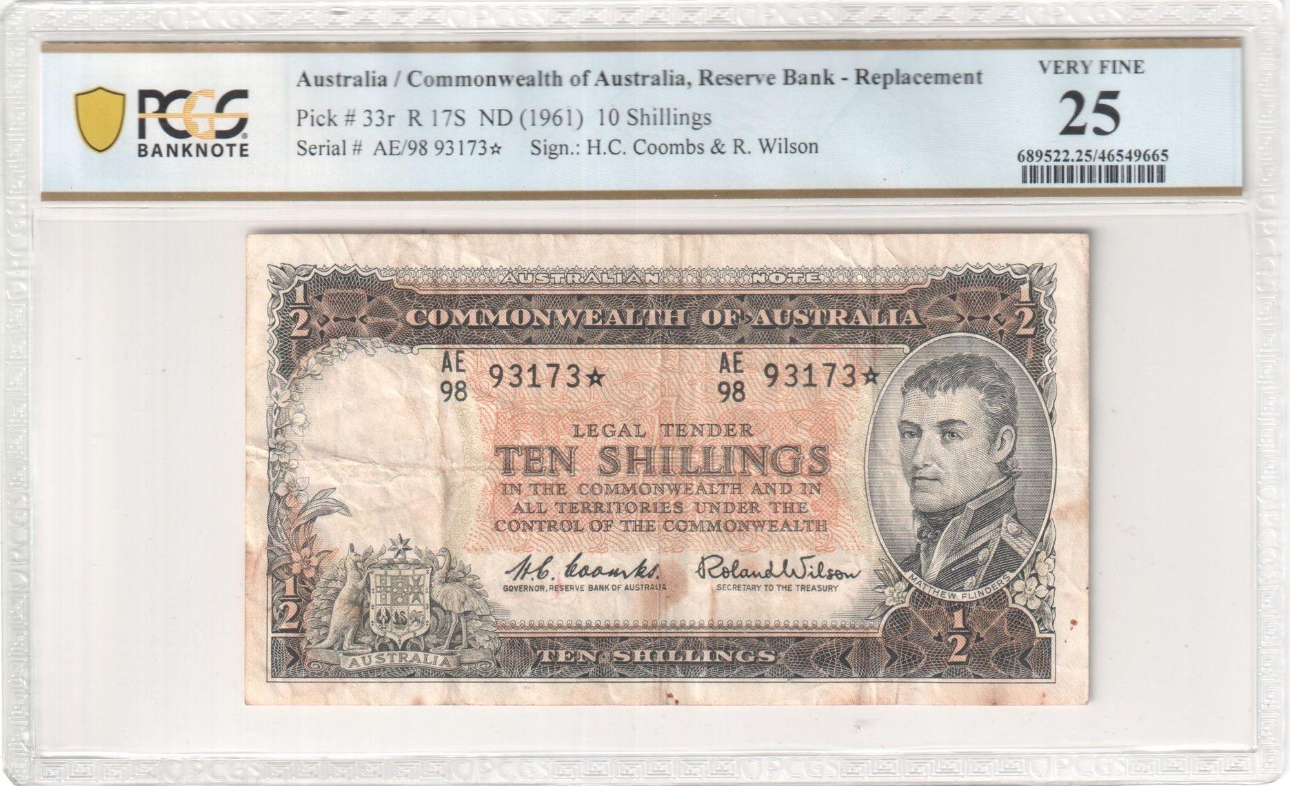 Replacement, Coombs/Wilson, Ten Shilling, 1961, PCGS Very Fine 25