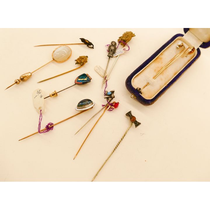 Box Antique Stick Pins- some gold, 12pc total