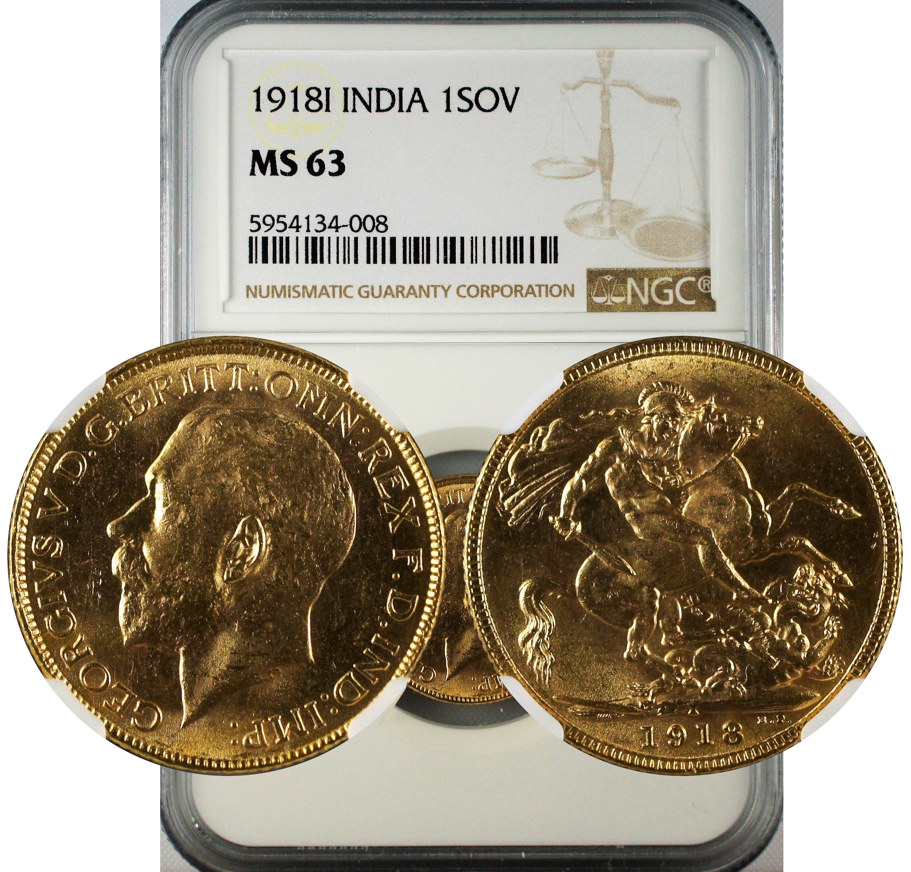 India 1918 I Sovereign NGC MS63