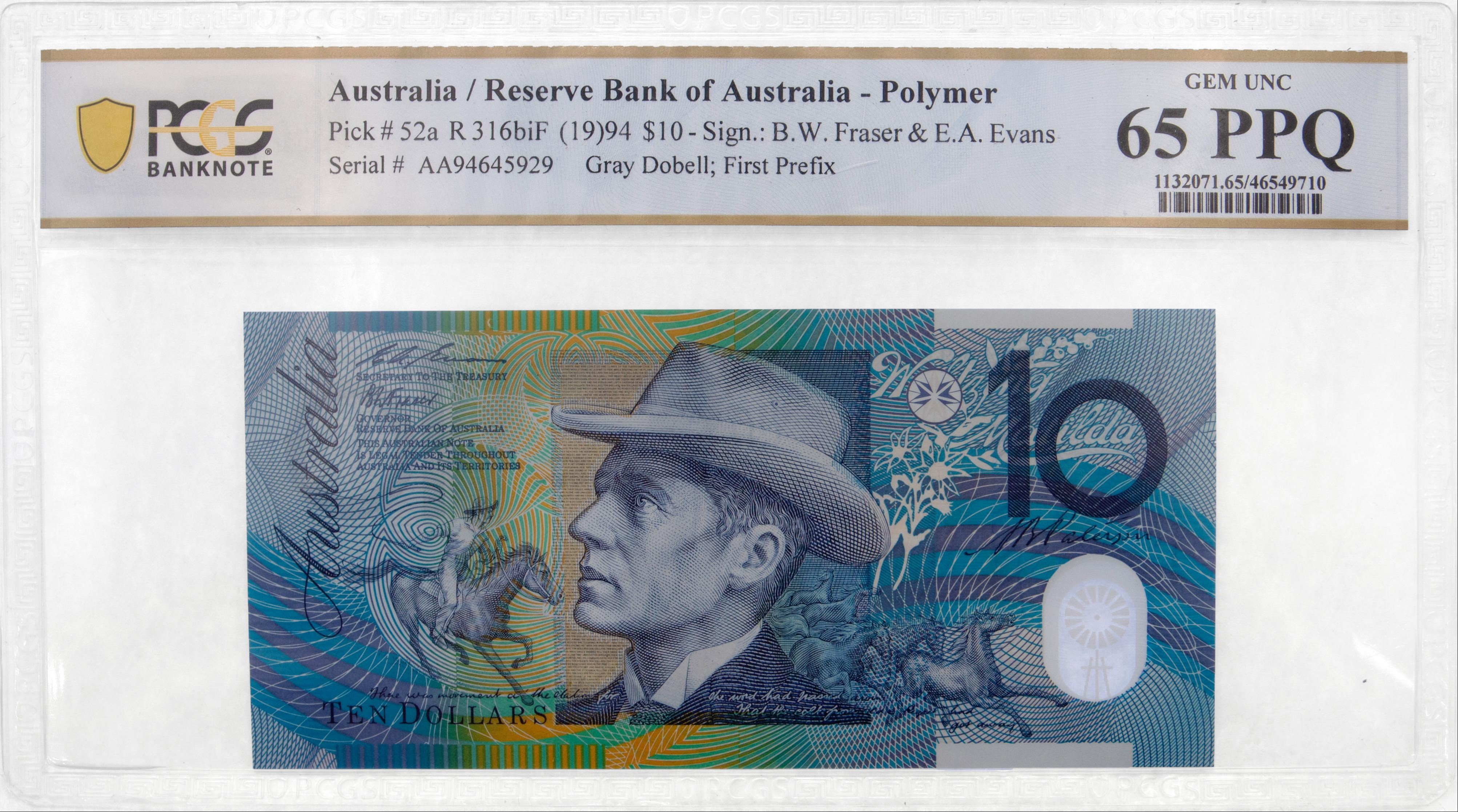 Fraser/Evans, Gray Dobell; First Prefix, Ten Dollar, 1994, PCGS Gem UNC 65 PPQ