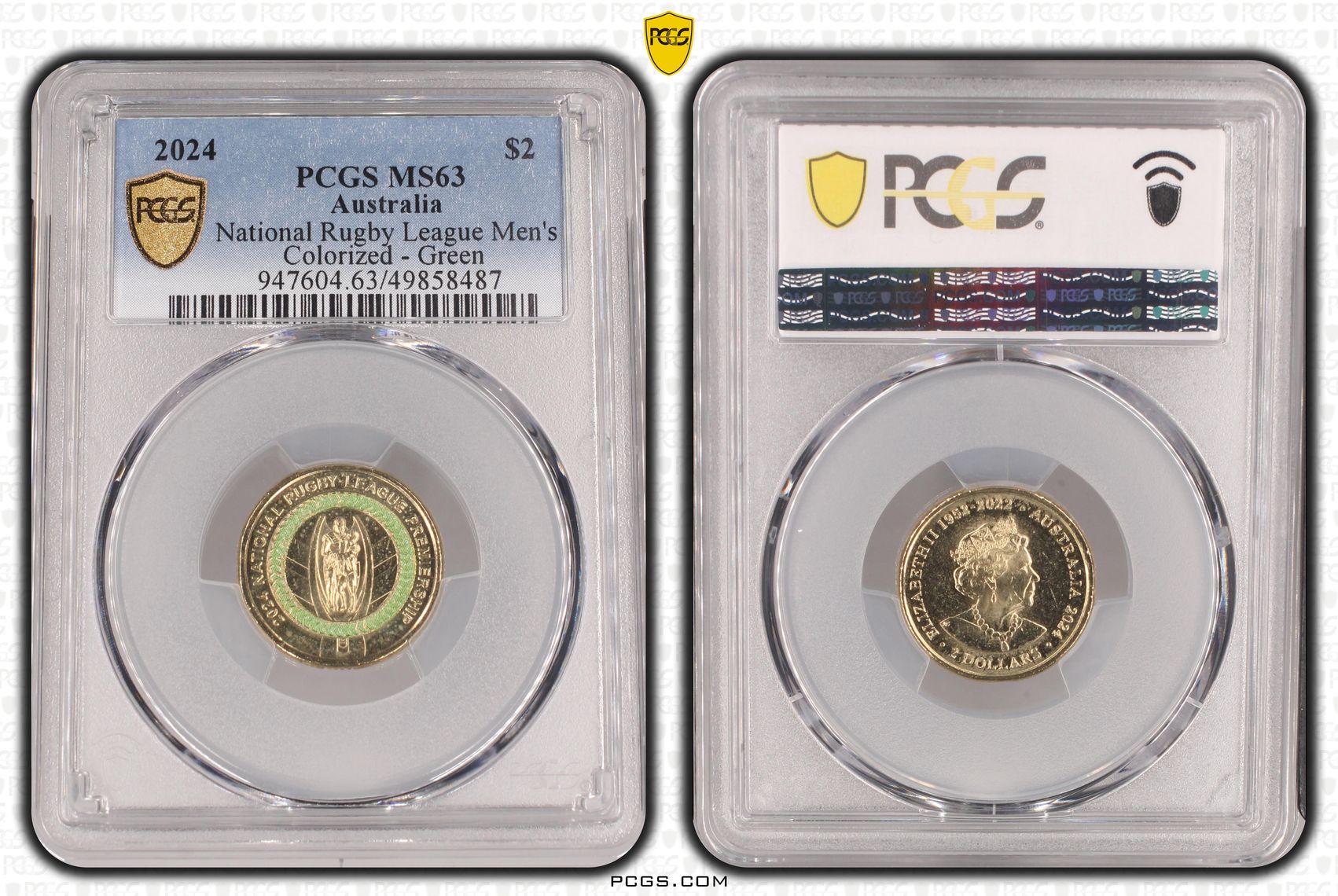 Elizabeth II, National Rugby League Men's Colorized - Green , Two Dollar, 2024, PCGS MS63