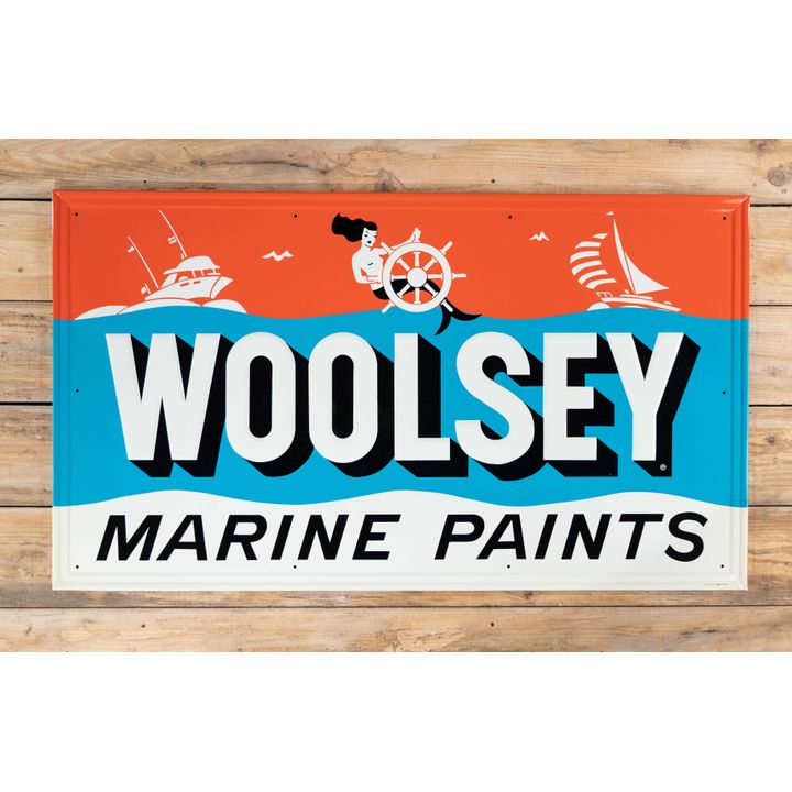 NOS Woolsey Marine Paint & Logos Single Sided Embossed Metal Sign TAC 9.75