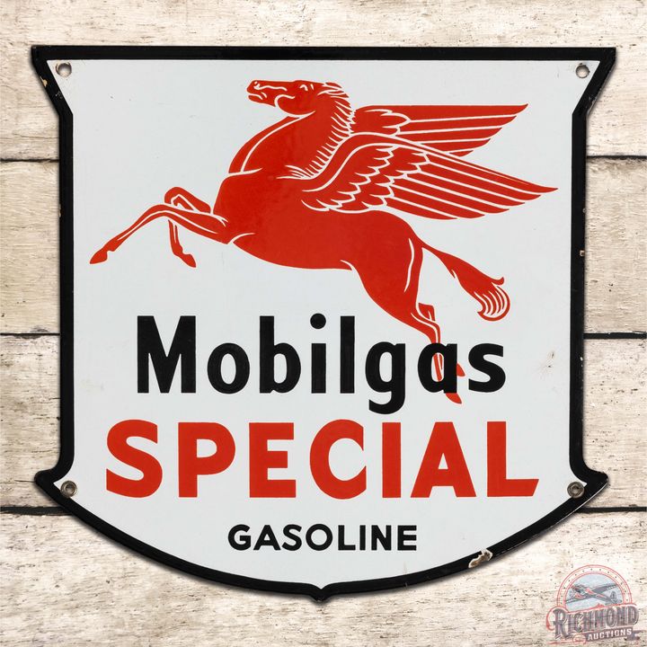 Mobilgas Special Gasoline SS Porcelain Pump Plate Sign Drop Leg West Coast