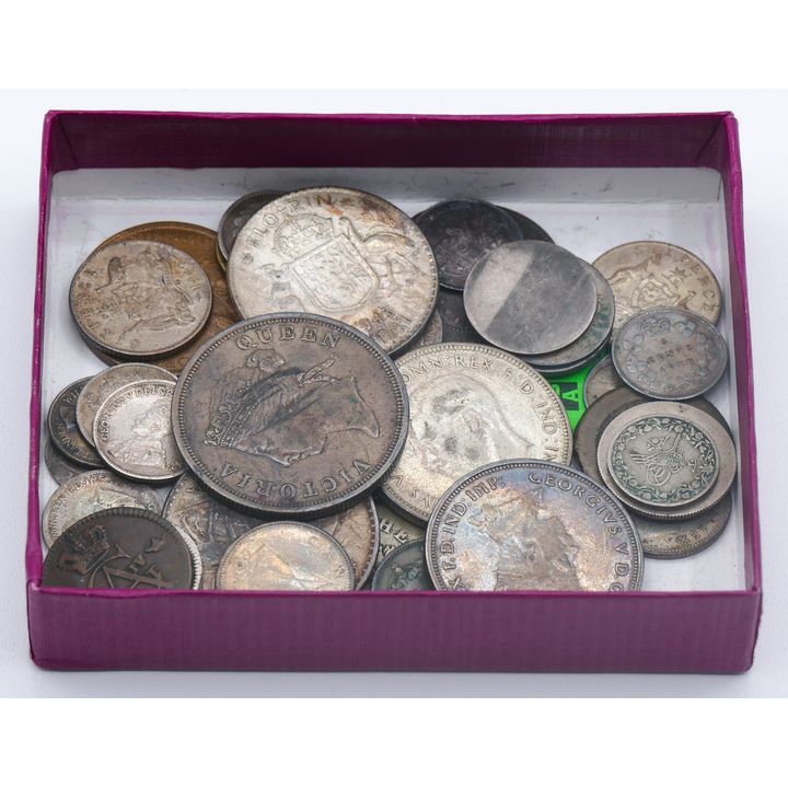 Box Misc. Antique Foregin Coins - Some Silver