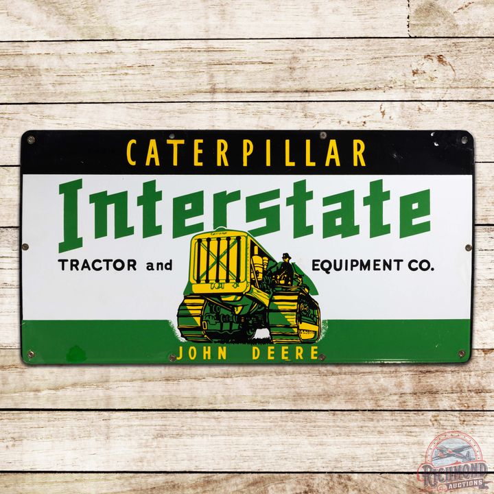 Interstate Tractor and Equipment Co. Caterpillar John Deere SS Porcelain Sign w/ Crawler Tractor