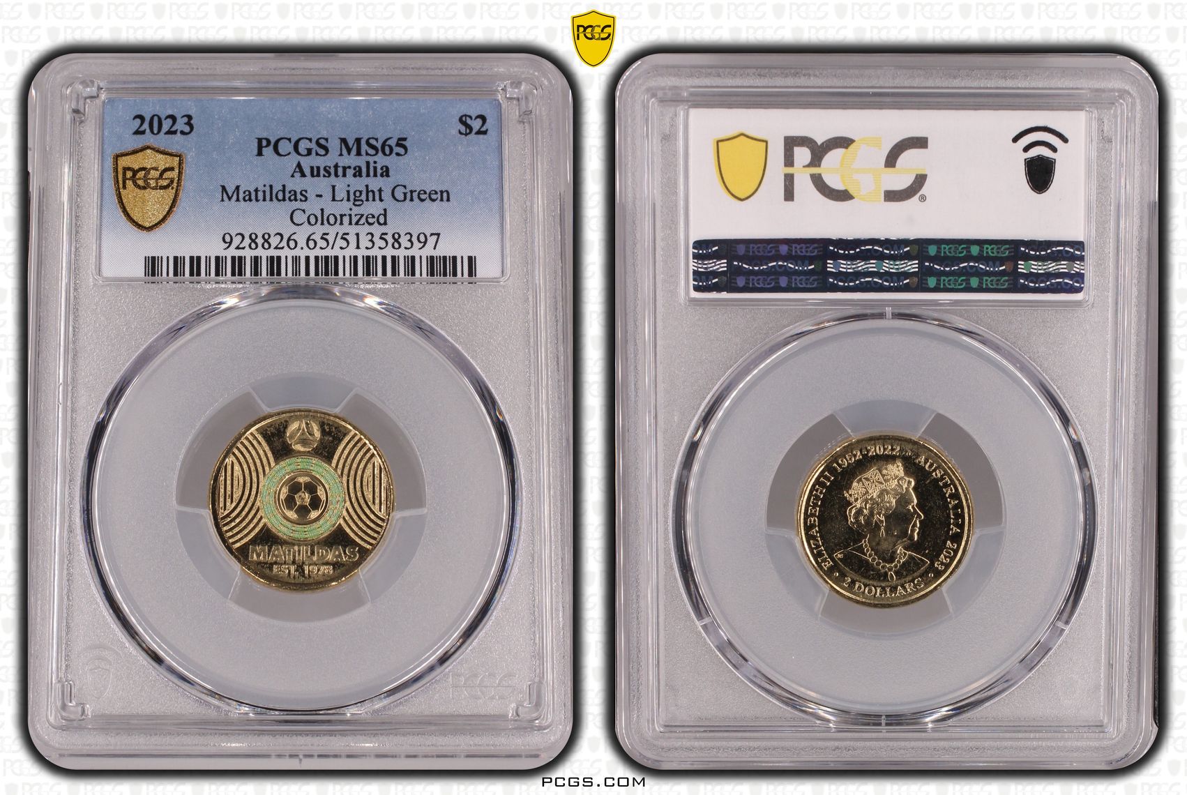 Matildas - Light Green Colorized, Two Dollar, 2023, PCGS MS65