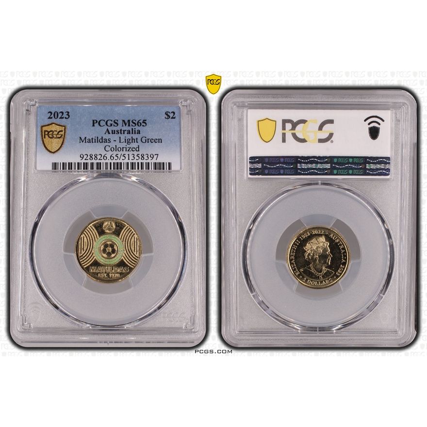 Matildas - Light Green Colorized, Two Dollar, 2023, PCGS MS65