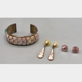 Mother Of Pearl And Sterling Silver Inlay Bracelet With Two Pairs Of Earrings