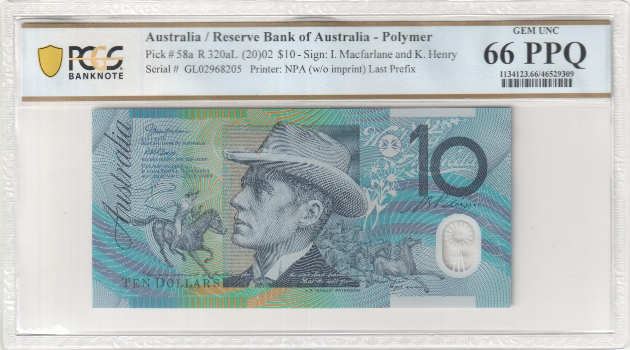 Macfarlane/Henry, Last Prefix, Ten Dollar, 2002, PCGS Gem UNC 66 PPQ