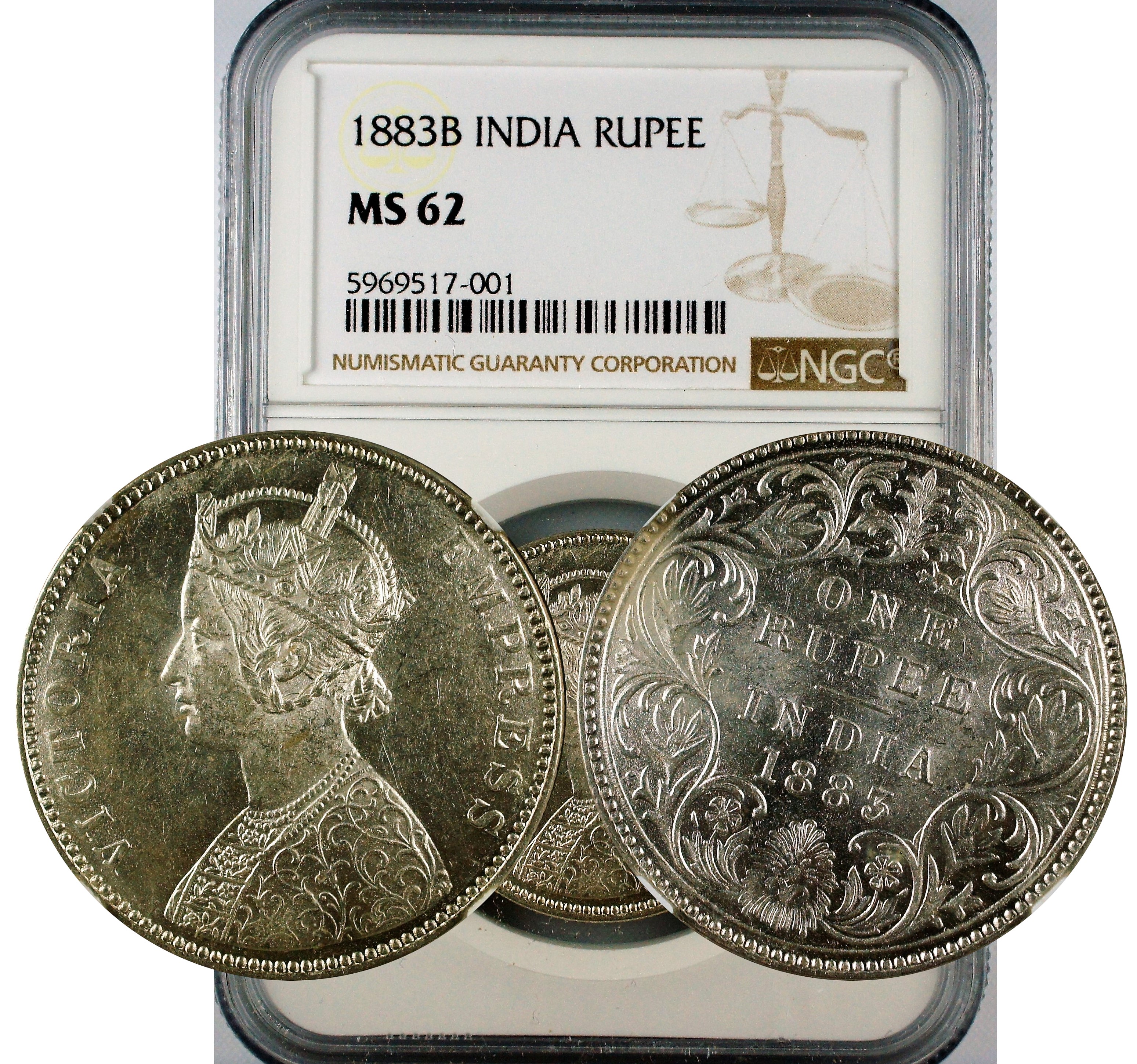 India British 1883 B Rupee NGC MS62 - Raised B