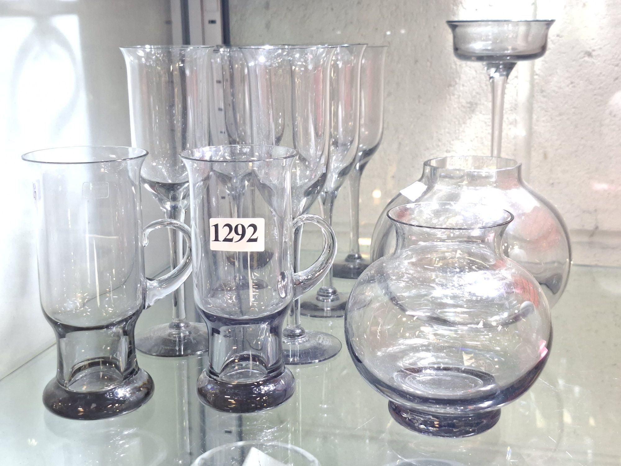 WEDGWOOD SMOKE GLASS VASES AND CANDLESTICK