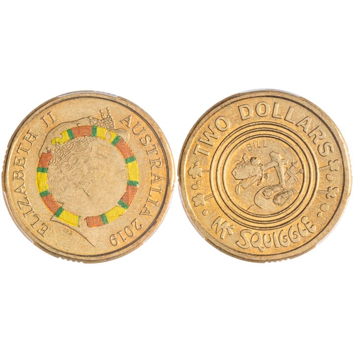 Elizabeth II, 60 Years of Mr Squiggle - Bullseye, Two Dollars, 2019, PCGS MS64
