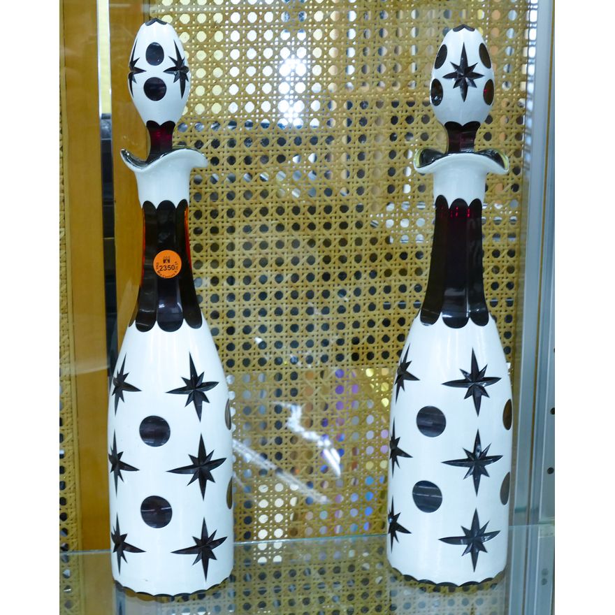 Pair Bohemian Ruby Cut Overlay Glass Decanters 16''
