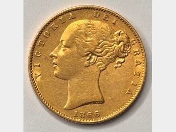 1866 VICTORIA #DIE 29 SHIELD GOLD SOVEREIGN