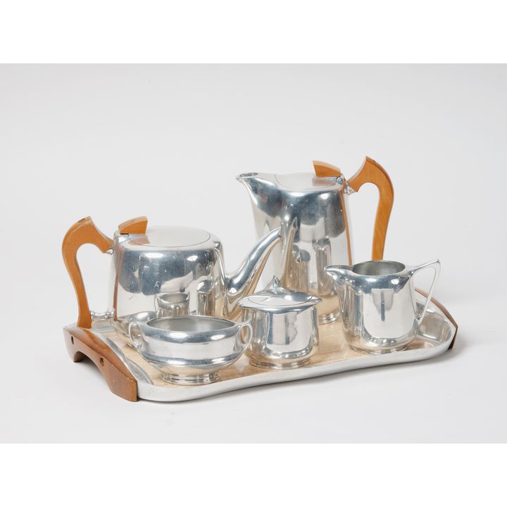 Picquot ware - six-piece aluminium and timber tea and coffee set