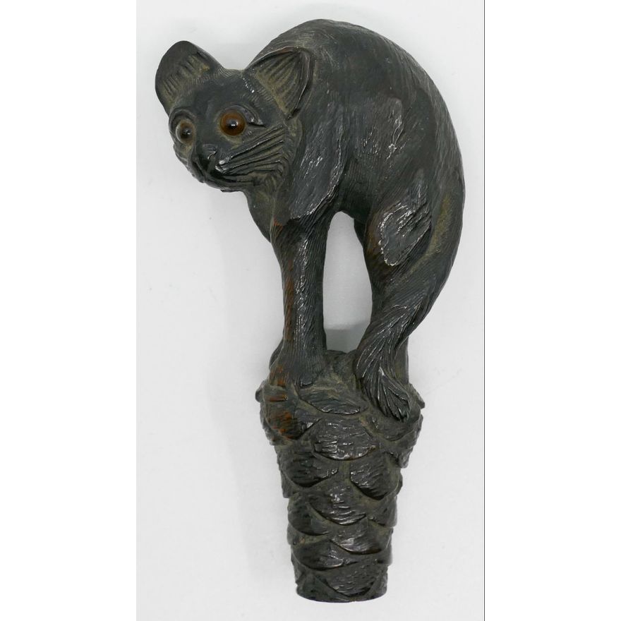 Antique Cat Carved Wood Walking Stick Handle 4''