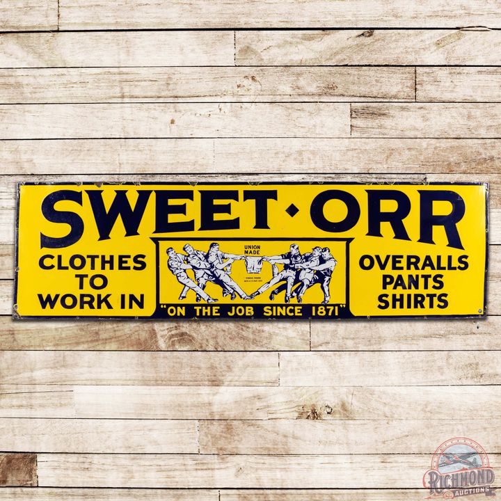 Sweet Orr "On the Job Since 1871" 8' SS Porcelain Sign w/ Logo