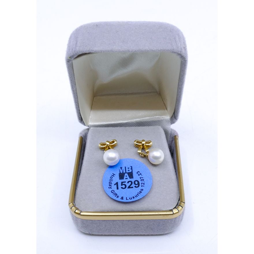 Pair 18k Bow Pearl Drop Earrings 16mm with 7mm Pearls