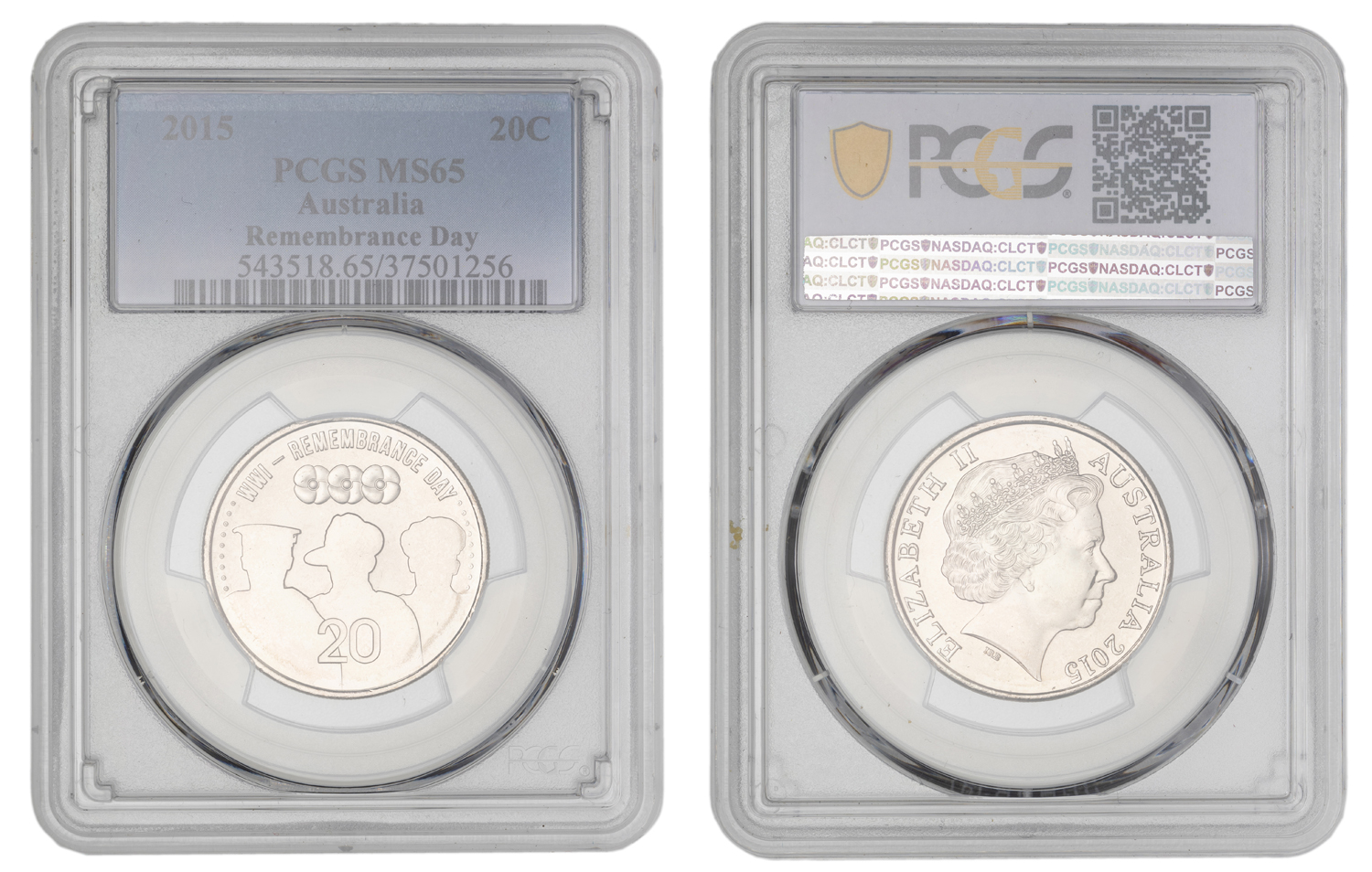 Elizabeth II, Remembrance Day, Twenty Cent, 2015, PCGS MS65