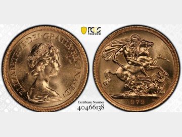 1979 ELIZABETH II DECIMAL GOLD SOVEREIGN MS64 PCGS