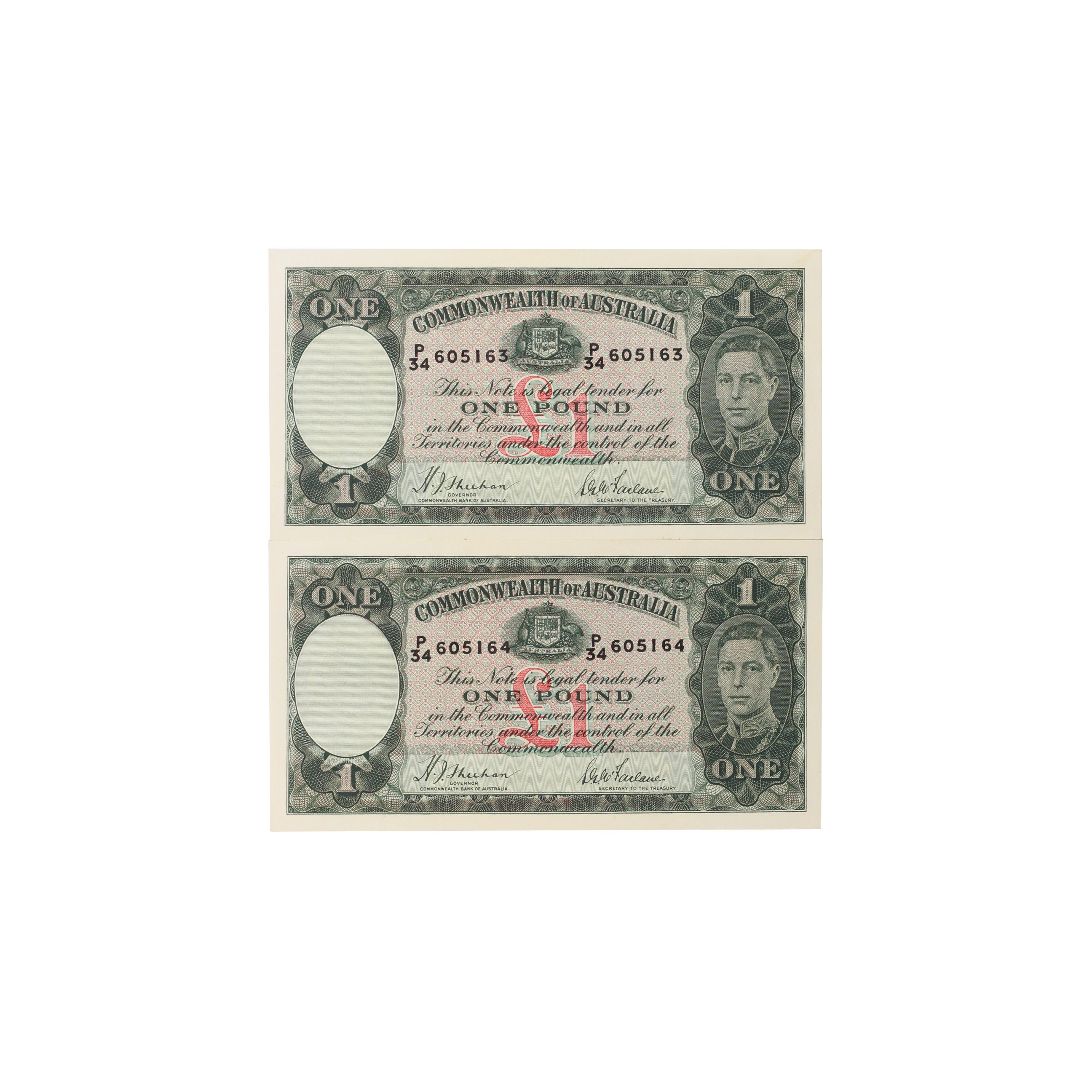 1882. · Consecutive Pair, Sheehan/MacFarlane,  One Pound, 1938, aUNC