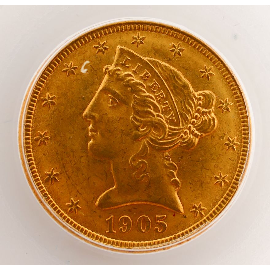 United States 1905 Gold Half Eagle Liberty Head $5 Dollar Coin, PCGS MS65