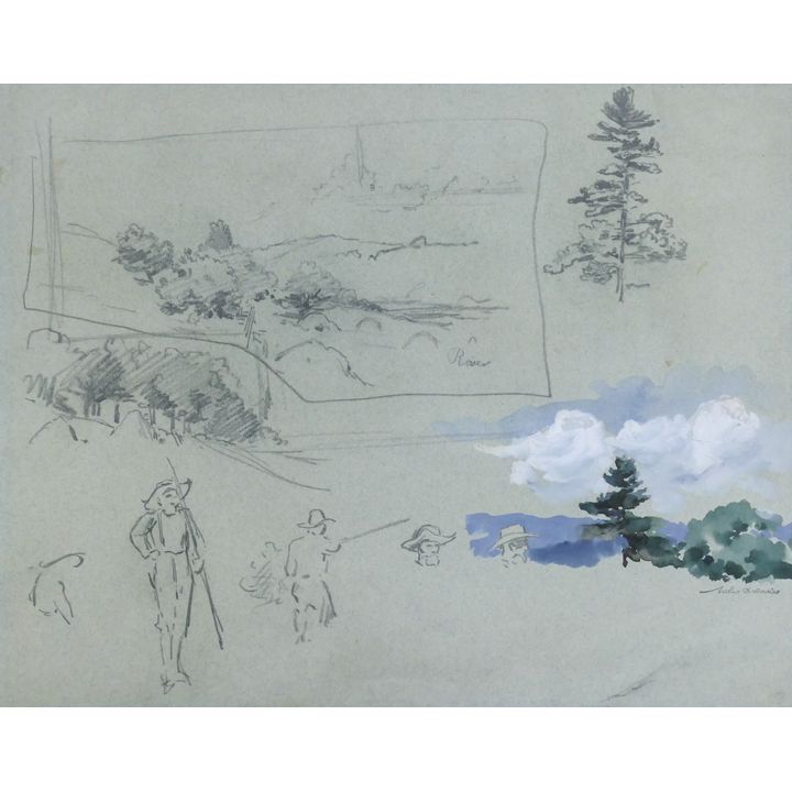 Arthur Bowen Davies ''Figure and Landscape Study'' Watercolor