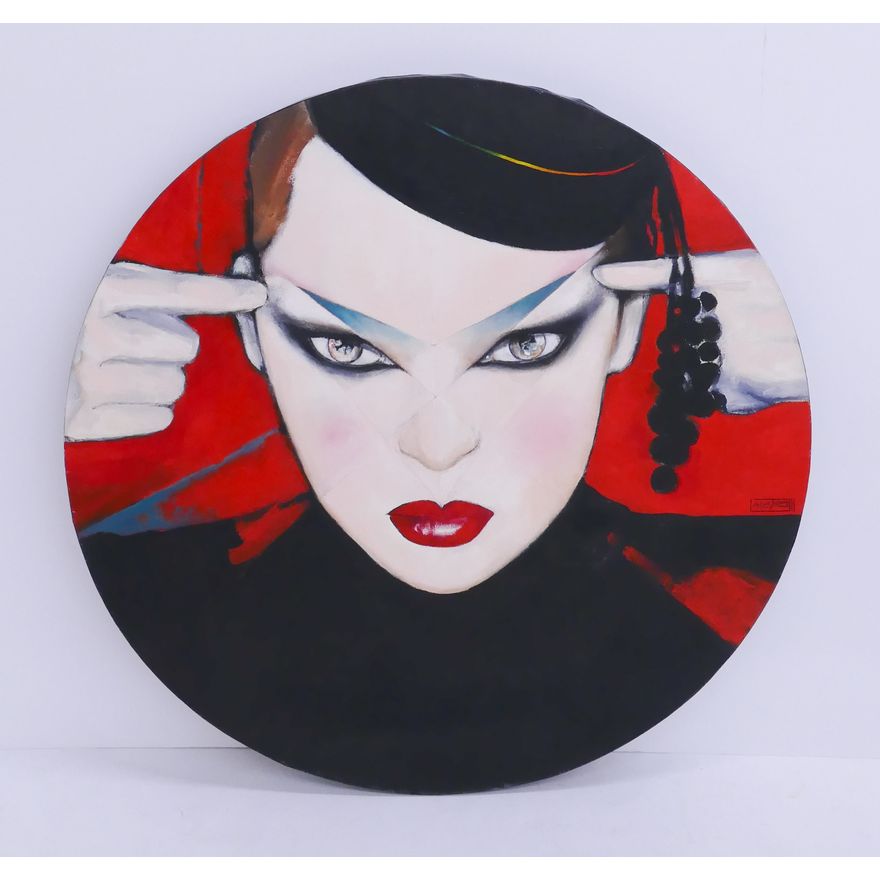 Helene Guetary 'Intense Stare' Tondo Oil on Canvas Round Painting. Unframed. Signed and dated 1981. Canvas measures 36'' in diameter.