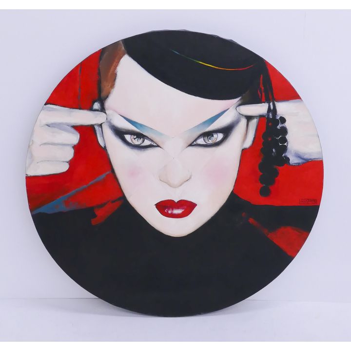Helene Guetary 'Intense Stare' Tondo Oil on Canvas Round Painting. Unframed. Signed and dated 1981. Canvas measures 36'' in diameter.