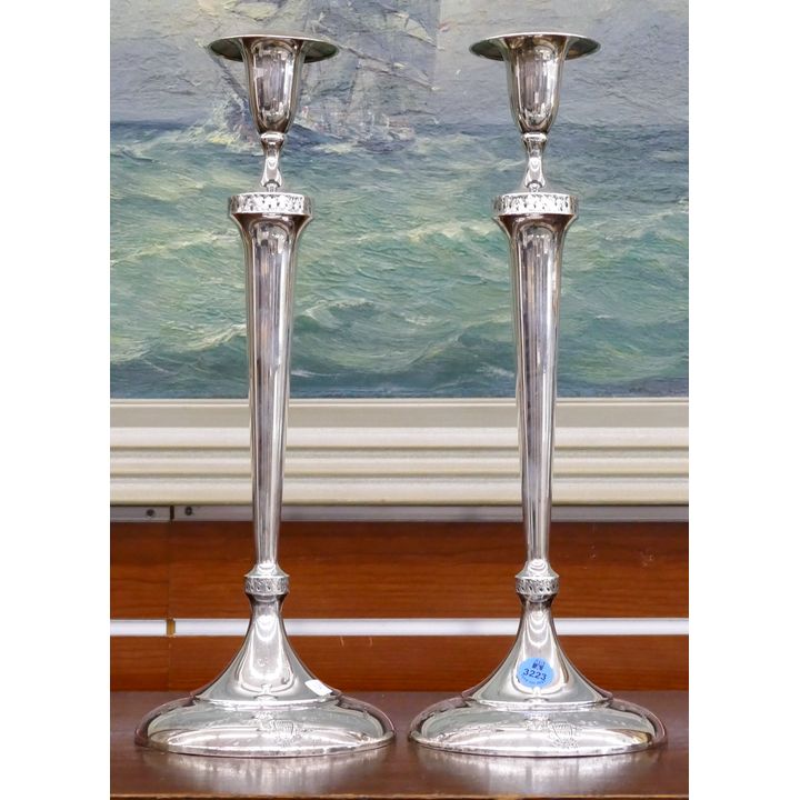 Pair Lebolt Weighted Sterling Decorated Candlesticks 15''