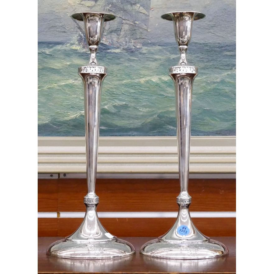 Pair Lebolt Weighted Sterling Decorated Candlesticks 15''