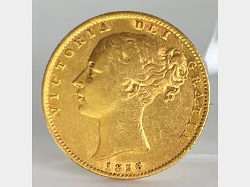 1856 VICTORIA YOUNG HEAD LONDON MINT SHIELD GOLD SOVEREIGN