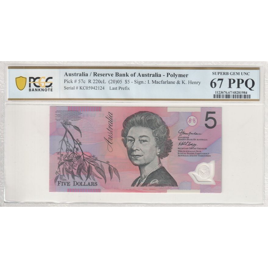 Macfarlane/Henry, Last Prefix, Five Dollar, 2005, PCGS Superb Gem UNC 67 PPQ