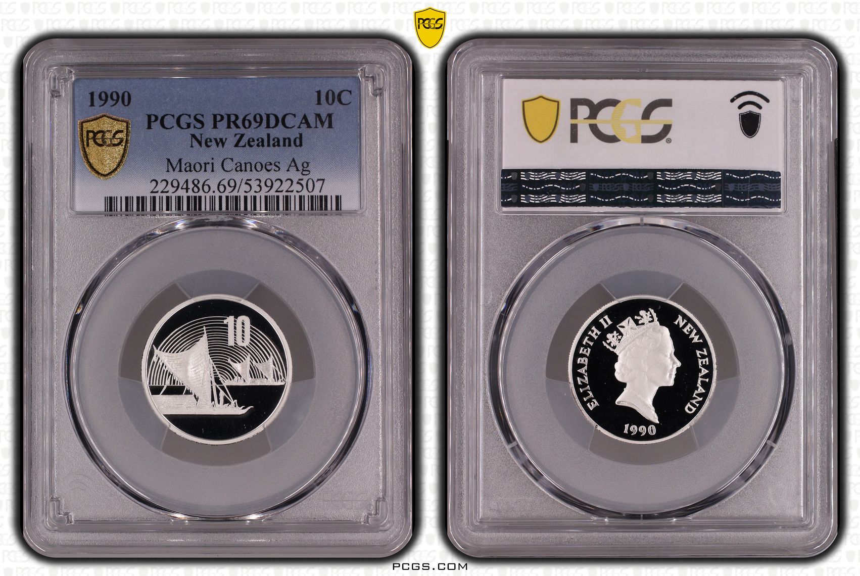 New Zealand , Maori Canoes Silver, 3/0, Ten Cent, 1990, PCGS PR69DCAM